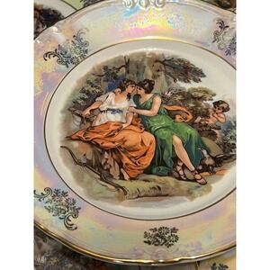 Kahla Germany Lusterware Plates Set 5 Gold Gilt Figural Scenic 8in Vintage GDR